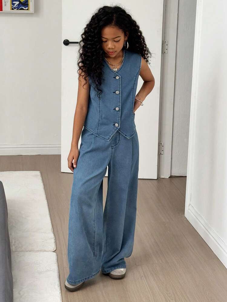 Tween Girl Single-Breasted Vest And Wide-Leg Jeans Casual Suit Summer