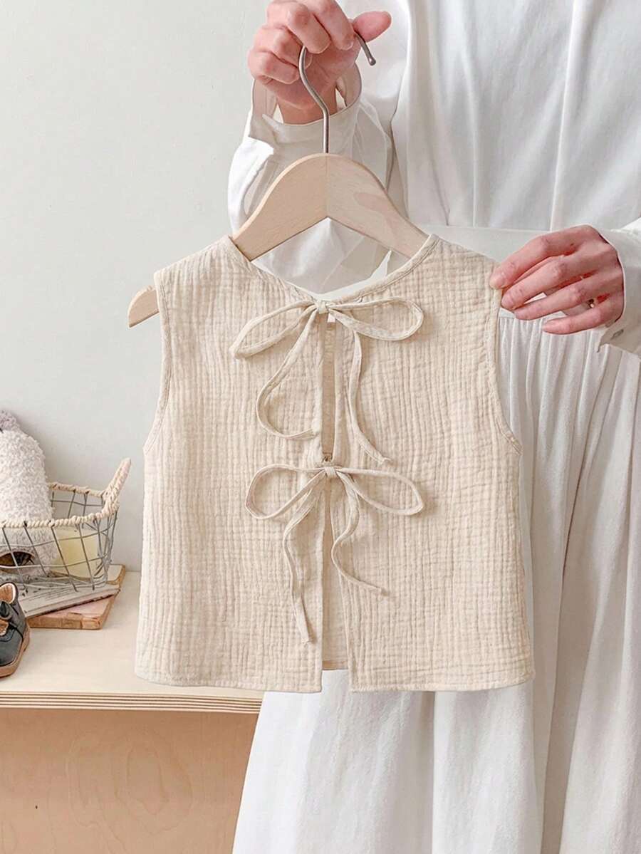 SHEIN 少女休闲简约舒适圆领无袖系带设计衬衫 - 杏色 - 查看 1