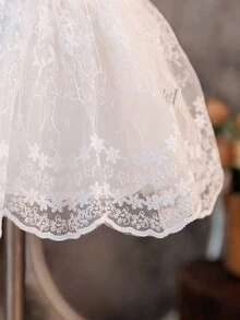 Newborn Baby Girl Elegant Cute White Mesh Embroidered Bow Decor Dress - White - View 7