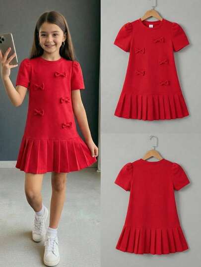 Vestido de punto rojo plisado de manga corta con decoración de mariposa para niñas, de corte holgado, adecuado para primavera/verano, vacaciones, verano, viajes, talla para niñas de 8 a 12 años