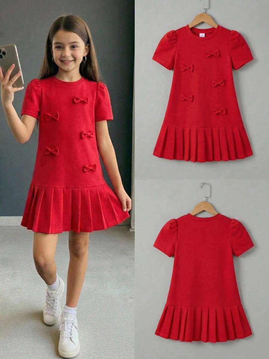 Girls' Butterfly Decor Short Sleeve Pleated Red Knit Dress, Loose Fit, Suitable For Spring/Summer, Holidays, Summer, Travel, Fits Girls Ages 8-12 - Red - View 1