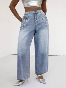 Slaydiva Jeans de pierna ancha de talla grande con lavado casual y decoración de remaches para primavera/verano - Azul - Ver 6