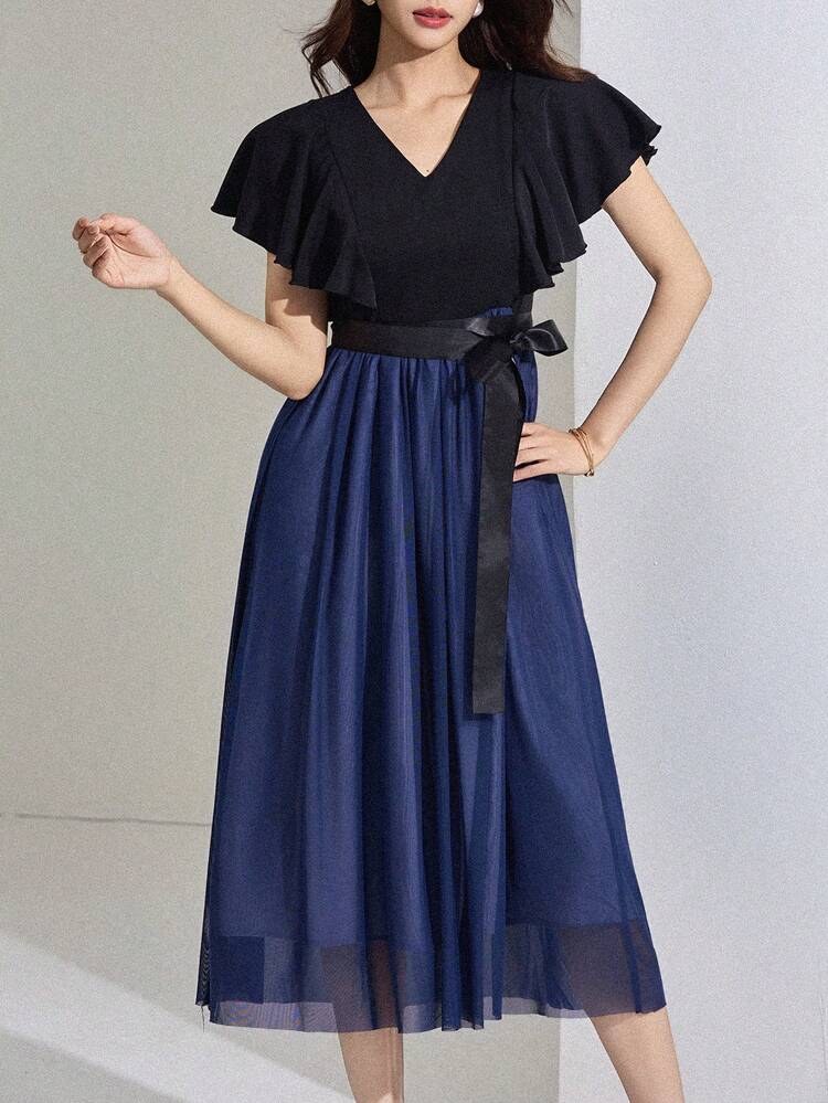 Women's Contrast Color V-Neck Tie Knot Ruffle Hem Elegant Long Sleeve Dress Sundress
