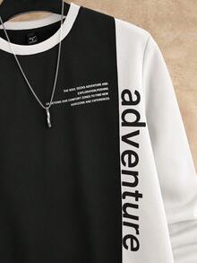 Manfinity VCAY Men's Adventure Slogan Print Sweatshirt Black And White Contrast Color Two Tone Long Sleeve Crew Neck Tee,Streetwear Autumn Back-To-School Graduation - White - View 3