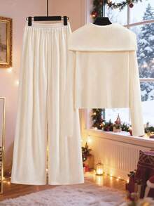 GlowEve CURVE 2pcs Women Knit Long Sleeve Top & Corduroy Lined Wide Leg Straight Pants Set, Casual Daily Commute Fashion French Street Vintage Business Holiday Apricot Autumn/Winter Homewear Cream Two Piece Set Comfy Set