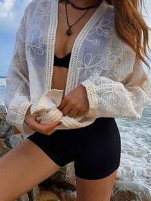 DAZY Women's Casual Floral Embroidery Sheer Shirt, Suitable For Spring, Summer, Autumn, Vacation - White - View 4