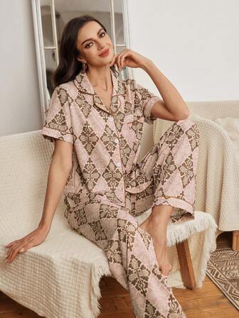 SHEIN 女士休闲几何印花短袖睡衣套装