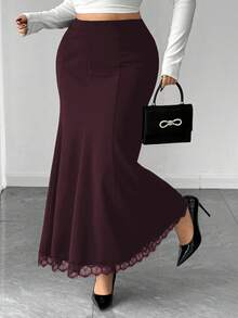 Elenzga Chân váy midi đuôi cá cạp cao co giãn phối ren mới thanh lịch dành cho nữ cỡ lớn - Màu nâu  Mocha - Xem 1
