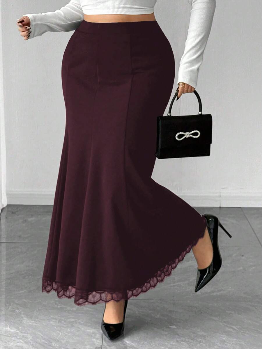 Elenzga Chân váy midi đuôi cá cạp cao co giãn phối ren mới thanh lịch dành cho nữ cỡ lớn - Màu nâu  Mocha - Xem 1