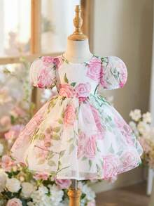 女婴优雅可爱薄纱印花短袖公主裙 - 粉色 - 查看 7