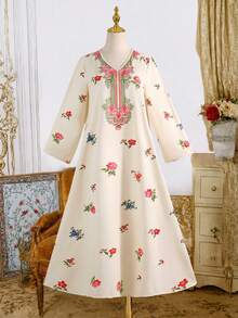 Teen Girl Floral Print V-Neck Long Sleeve Dress, Suitable For Vacation/Travel, Spring/Summer - Multicolor - View 4