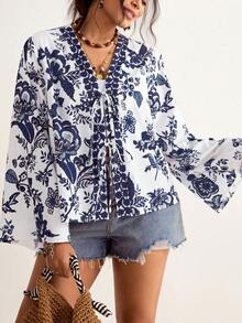 SHEIN LUNE 大码女式春夏蓝白印花长袖衬衫，前系带设计，中系带，波西米亚风度假风，90年代日常穿着衬衫 - 藍白色 - 查看 7