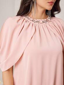 Al Najma Women's New Fashionable Elegant Luxurious Handmade Beaded Embroidered Sequin Rhinestone Floral Ruffle Collar Pleated Shoulder Cover Sleeve Hollow-Out Slit Sleeve Long Arabic Style Maxi Dress, Spring/Summer - Pink - View 6
