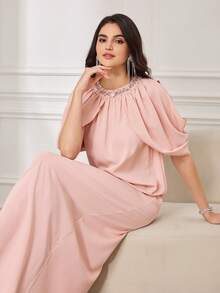 Al Najma Women's New Fashionable Elegant Luxurious Handmade Beaded Embroidered Sequin Rhinestone Floral Ruffle Collar Pleated Shoulder Cover Sleeve Hollow-Out Slit Sleeve Long Arabic Style Maxi Dress, Spring/Summer - Pink - View 7