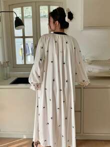Dazy Plus Cartoon Print Loose Contrast Color Patchwork Drawstring Collar Long Sleeve Plus Size Women Nightgown Pajamas - Apricot - View 2