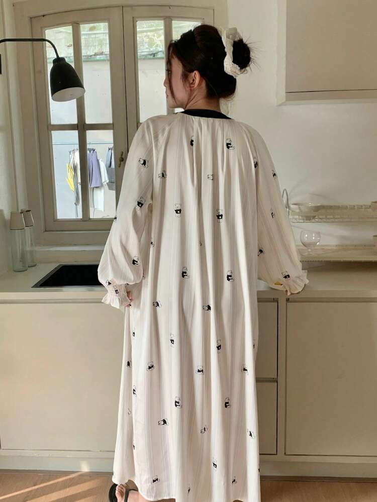 Dazy Plus Cartoon Print Loose Contrast Color Patchwork Drawstring Collar Long Sleeve Plus Size Women Nightgown