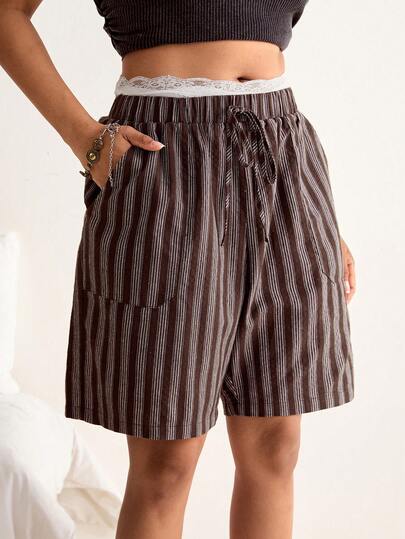 Freevana Shorts de talla grande de verano, casuales, de uso diario y para vacaciones, con rayas y cintura anudada