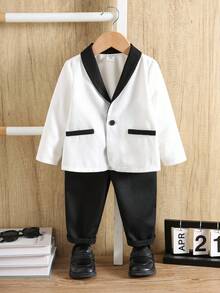 SHEIN 2pcs Baby Boy Winter White & Black Contrast Collar Cardigan Jacket And Elastic Waist Pants Set, Suitable For Birthday Party, Christmas Party, Christening, 1st Birthday Celebration, Formal Occasions, Performances, Weddings, Baby Showers