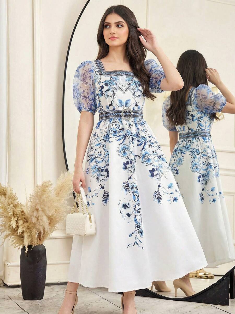 SHEIN Teen Girl White & Blue Floral Retro Print Robe,Middle Eastern/Arabic Style Elegant Summer Party Long Dress,Suitable For Vacation,Short Sleeve Dresses - Blue and White - View 1
