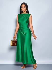 SOLERSUN Đầm nữ thanh lịch màu trơn, đính kim loại, dáng ôm, thích hợp cho mùa thu đông, đi làm, mua sắm, dự tiệc và tụ họp. - màu xanh lá - Xem 4