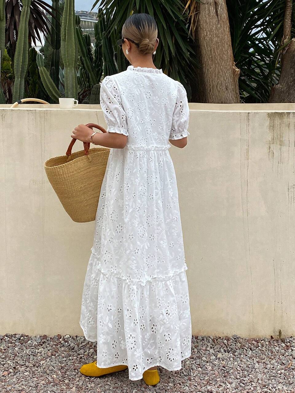 Women's Hollow Out Embroidery Frill Trim Tie Waist Long Puff Sleeve Dress, Vacation Sundress Boho