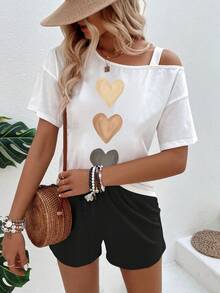 EMERY ROSE Set de 2 piezas con pantalones cortos y blusa de manga corta con hombros asimétricos y estampado de corazón, en blanco y negro, caliente para vacaciones de primavera/verano - Multicolor - Ver 5