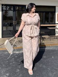 Dazy Plus Elegante conjunto de 2 piezas: Camisa holgada con cuello vuelto bordado de encaje y pantalones de pierna ancha, de moda para primavera/verano - Rosa - Ver 7