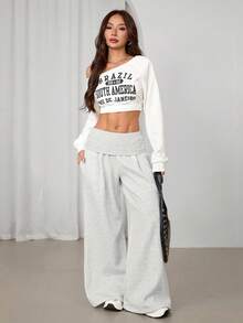 SHEIN PETITE Extreme Wide Leg Fold Over Waist Pants Casual Summer Airport Fall Autumn Winter Christmas Thanksgiving - White - View 6
