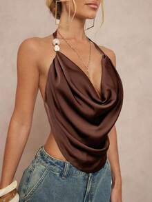 Lumalex Modest Old Money Coquette Glitter Holiday Party Rave Festival Outing Swim Vacation Bohemian BOHO Sea Beach Hot Outdoor Richly Layered Wedding Season Banquet Coming Of Age Ceremony Beach Seaside Women's Tie-Dye Print Plunge Neck Beaded Backless Tank Top Scarf Top Cowl Neck Top Halter Top Silk Top Brown Top Spring /Summer Music Festival Fashion Outfits - Coffee Brown - View 4