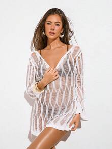 Avantive A White Hollowed-Out Transparent Hand-Hooked Smock Summer Outfits For Women Beach Outfits For Women - White - View 4