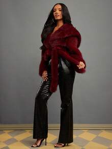 NYA SZN Jacket Long Sleeve Cropped Hoodie Faux Fur Red Holiday Statement Event Special Occasion Party Elegant Chic Winter Bold Streetwear Valentines Day Date Night Going Out Outerwear Outfits For Women - Red - View 6