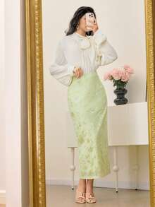 Modelyn 女士时尚新款丝绒提花浪漫优雅半身裙 - 薄荷綠 - 查看 1