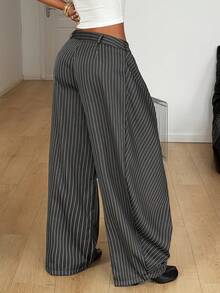 Coolane Women's Casual Everyday Dark Grey Woven Striped Pants - Grey - View 8