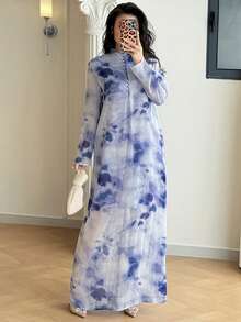 Yasmyna 女士印花立领优雅长袖土耳其长袍和阿拉伯传统罩袍 - 彩色 - 查看 2