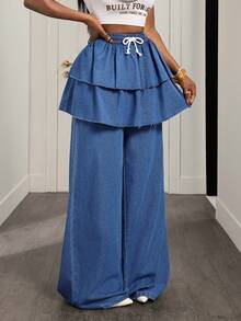 Slaydiva Pantalones vaqueros anchos casuales de 2 en 1 con volantes y lazo de unicolor - Azul lavado medio - Ver 4