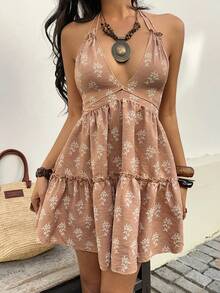 Sunnyshic 女士优雅休闲百搭时尚日常度假亚麻质感微印花露背吊带蝴蝶结短裙，春夏款 - 彩色 - 查看 4