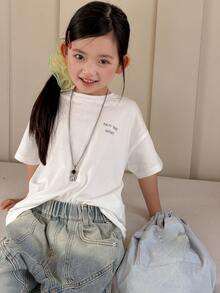 Dazy Kids 女童棕榈树印花宽松圆领落肩T恤 - 米色 - 查看 6