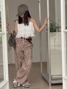 Dazy Kids Quần jeans nữ tuổi teen màu nâu hạt điều, họa tiết hoa, kiểu dáng thường ngày. - Cà phê nâu - Xem 5