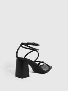 CUCCOO SZL 女士方头粗跟高跟黑色绑带踝带时尚经典舒适性感高跟凉鞋 - 黑色 - 查看 8