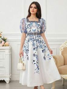 SHEIN Teen Girl White & Blue Floral Retro Print Robe,Middle Eastern/Arabic Style Elegant Summer Party Long Dress,Suitable For Vacation,Short Sleeve Dresses - Blue and White - View 5