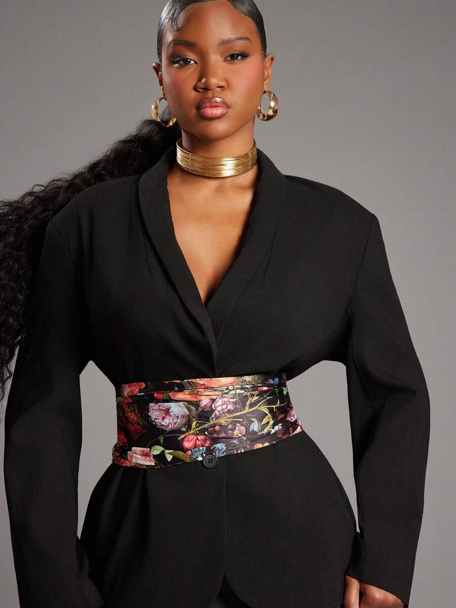 NYA SZN Lydia Printed Jacket Blazer Oversized Button Up Plunge Neck Modest Old Money Business Casual Everyday Casual Vintage Church Office Teacher Back To School Spring Winter Valentines Suitable For Commuting Outfits For Women - Black - View 1