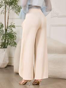 Modelyn 女士优雅缎带装饰休闲直筒裤，百搭显瘦 - 杏色 - 查看 2
