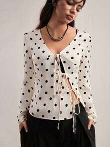 Easelle 女士波点印花V领系带休闲长袖开衫 - 杏色 - 查看 7