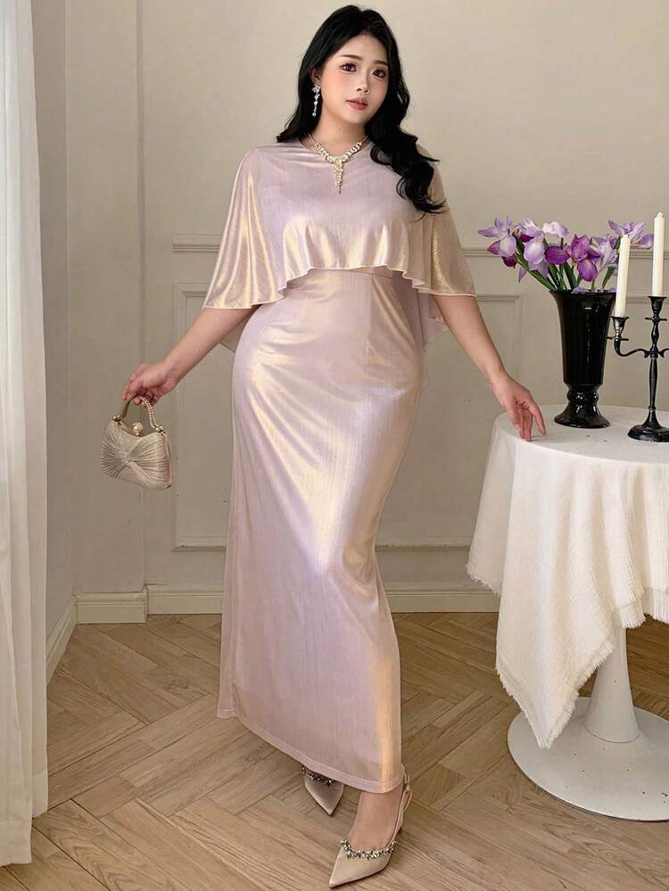 Dazy Plus Valentine Plus Size Women Elegant Long Dress With Detachable Collar, Solid Color Satin Waist Cinched Dress Sundress