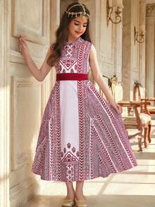 Tween Girl Casual Vacation Spring/Summer Print Contrast Color Belt Patchwork A-Line Sleeveless Dress, Red - Red - View 6