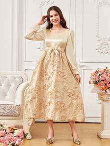 少女优雅长裙，方领长袖金色连衣裙，收腰喇叭裙摆，适合派对、休闲外出、奢华迷你礼服 - 金色 - 查看 4