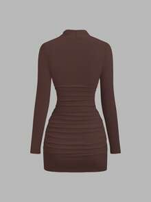 Sweetra New Elegant Party Cocktail Dress, Burgundy Color With Metal Decor, Fitted Silhouette, Suitable For Christmas, Autumn/Winter - Brown - View 2