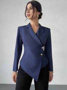 Firerie 女士纯色缺角领单排扣不对称下摆优雅职业长袖西装外套 - 藏蓝色 - 查看 4