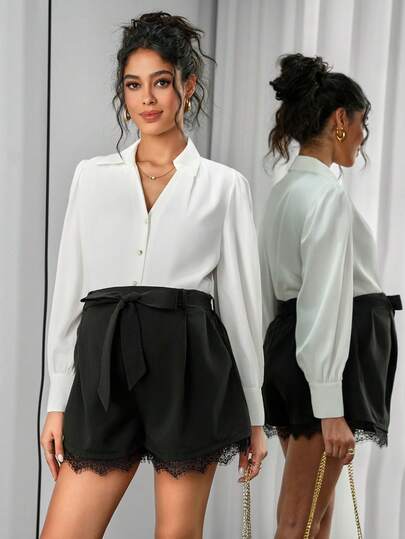 Momance Elegant Solid Color Lace Patchwork Maternity Shorts