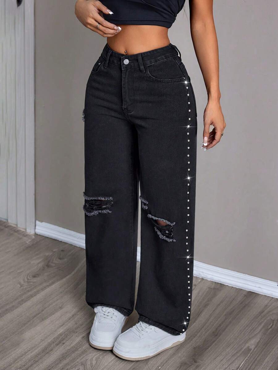 SHEIN PETITE Jeans anchos de mujer con botones, bolsillos y detalles de strass, versátiles y casuales para ir al trabajo - Negro - Ver 1